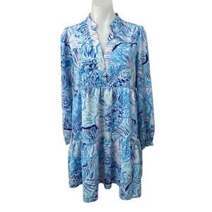 Lilly Pulitzer Winona Blue Floral V Neck Long Sleeve Mini Swing Shift Dress Sz S